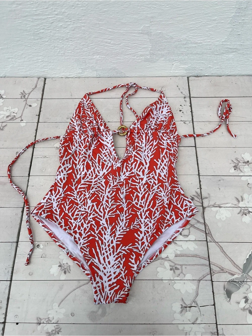 Tory Burch Red and White Coral-Print One-Piece Swimsuit